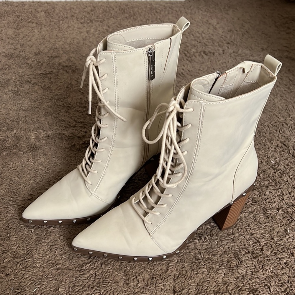 Pointed toe studded, lace up booties